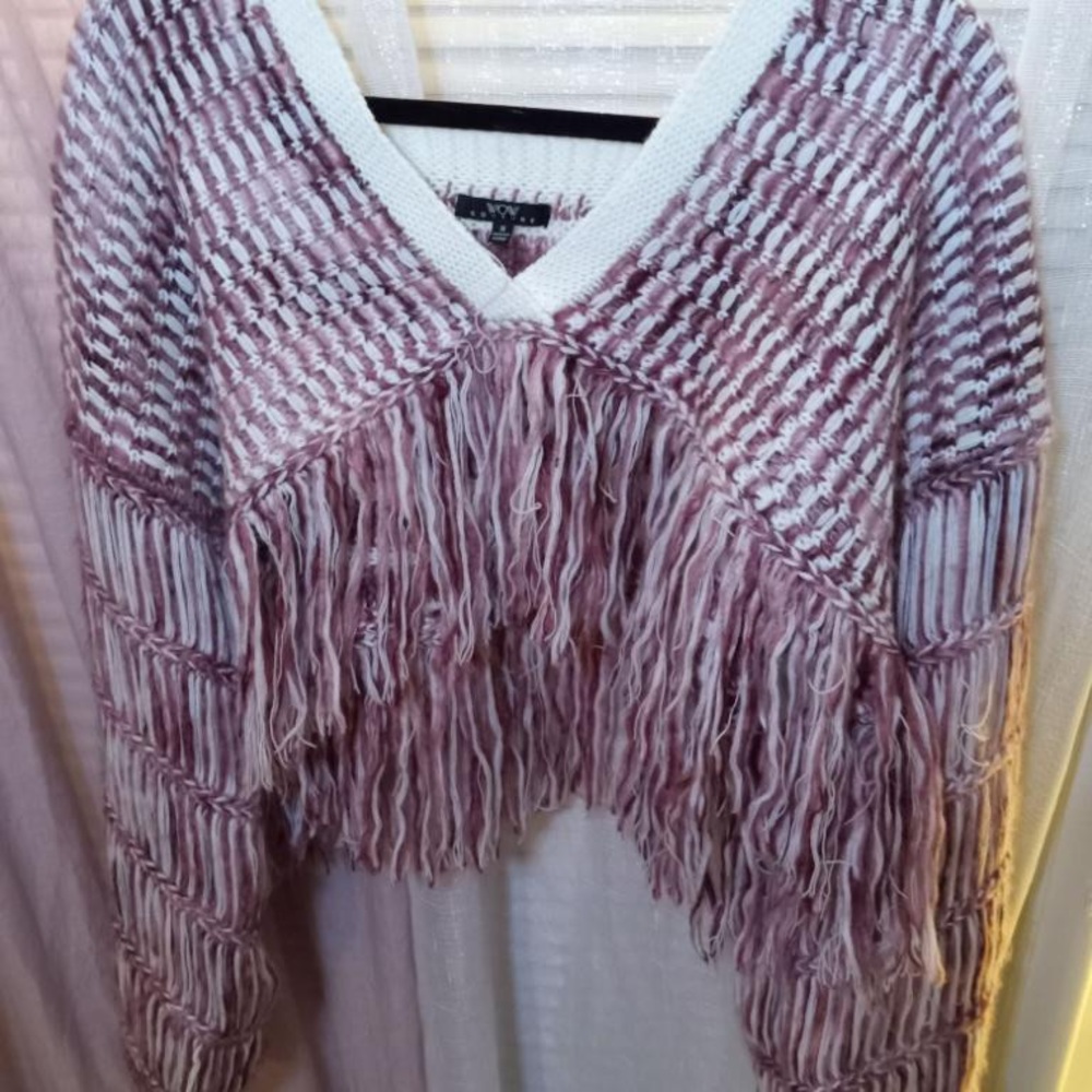 Wow couture. Magenta/White Fringed Cropped Sweater